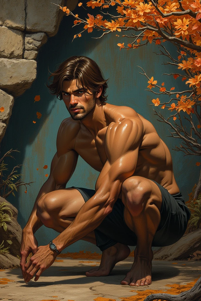 Breathtaking Realistic Photograph of a Charming Satyr-like Male, Playful Smile, Mystical Forest Backdrop, Shot using Leica 50mm, f/2.8, Chiaroscuro, Golden Hour --ar 3:4 --No Tattoos --Stylize 500 --S2, Handsome Satyr, Full-length, Eternal Beauty, Mystical Aura, Playful Eyes, Golden Locks, Chiseled Face, Muscular Physique, Chiaroscuro Effect, Golden Hour Lighting, Detailed Environment, Majestic Forest, Mossy Trees, Mystical Creatures, Dappled