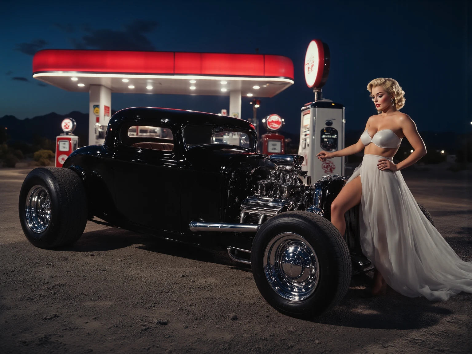 nsfw, photorealistic, beautiful face, (masterpiece:1.4), (best quality:1.4), extremely detailed, hyper-detailed, soft lighting, 38 years old very wet pin-up woman standing in the rain at a black car, big breasts, hard nipples, short blonde hairbun, totaly wet hair, shaved pubic area, (perfect_face), dressed in a very wet short transparent white dress, high heels , golden jewellery, intricate, 4k, detailed_background, full_body, realistic, 8k, sexy, very cheeky smile, very challenging facial expression, at a gas station
