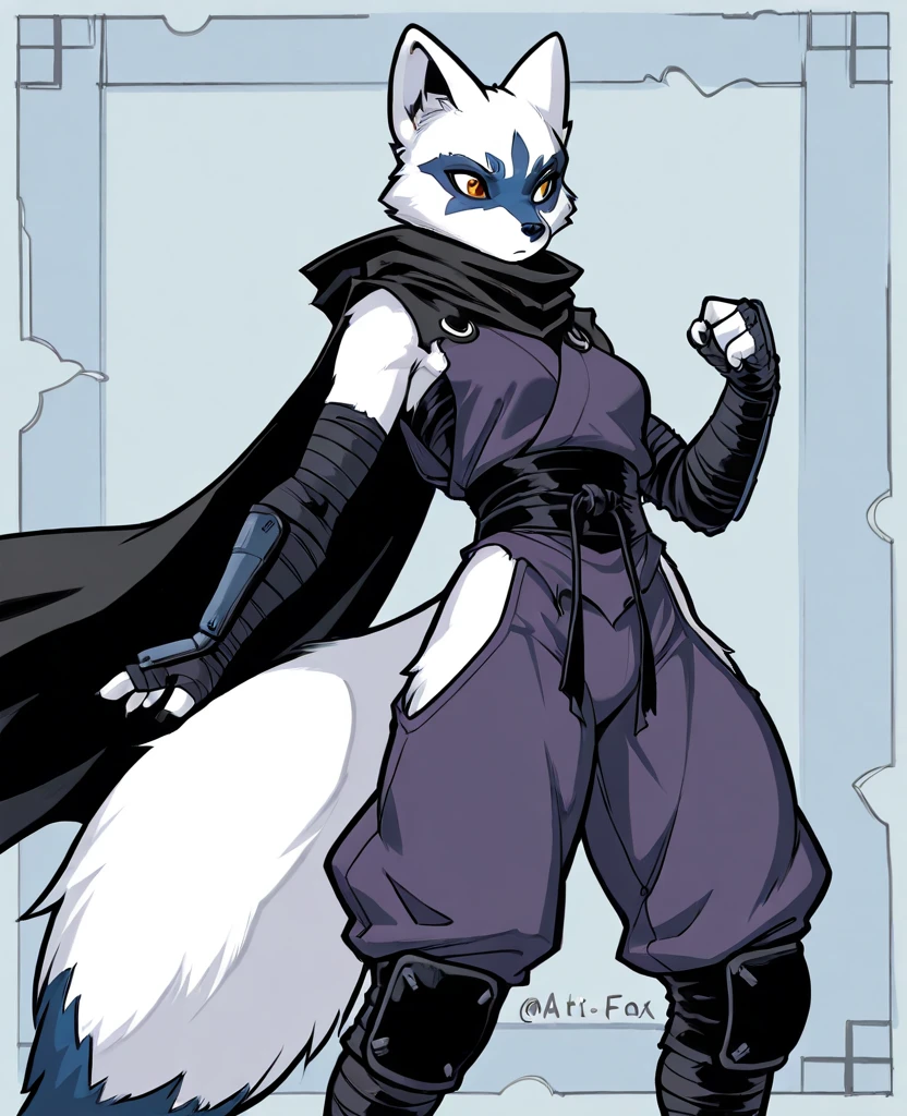 
1girl, Solo, arctic fox, tmnt, blue marks, yellow eyes, shaded bandage