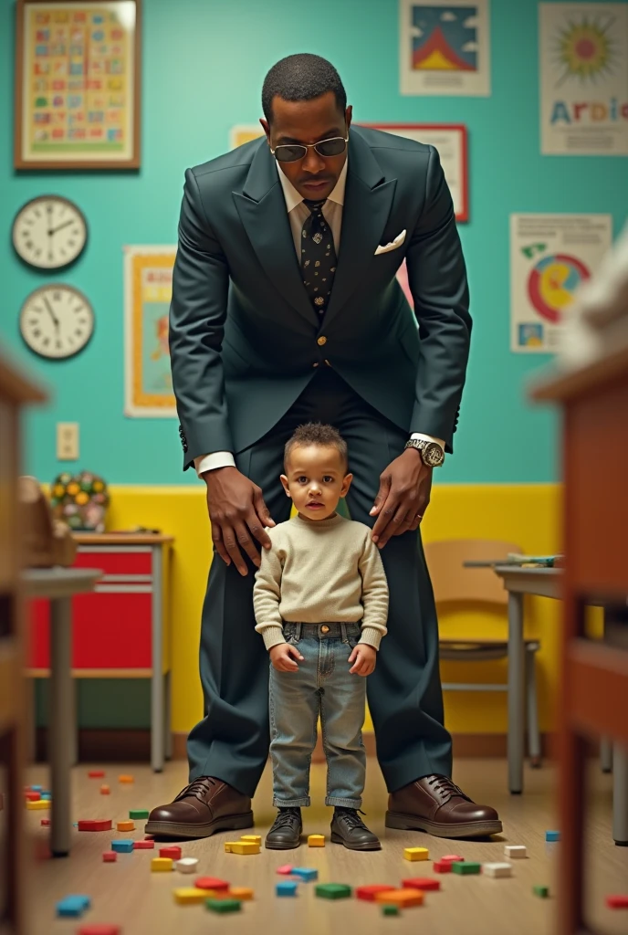 The black man holds the short girl