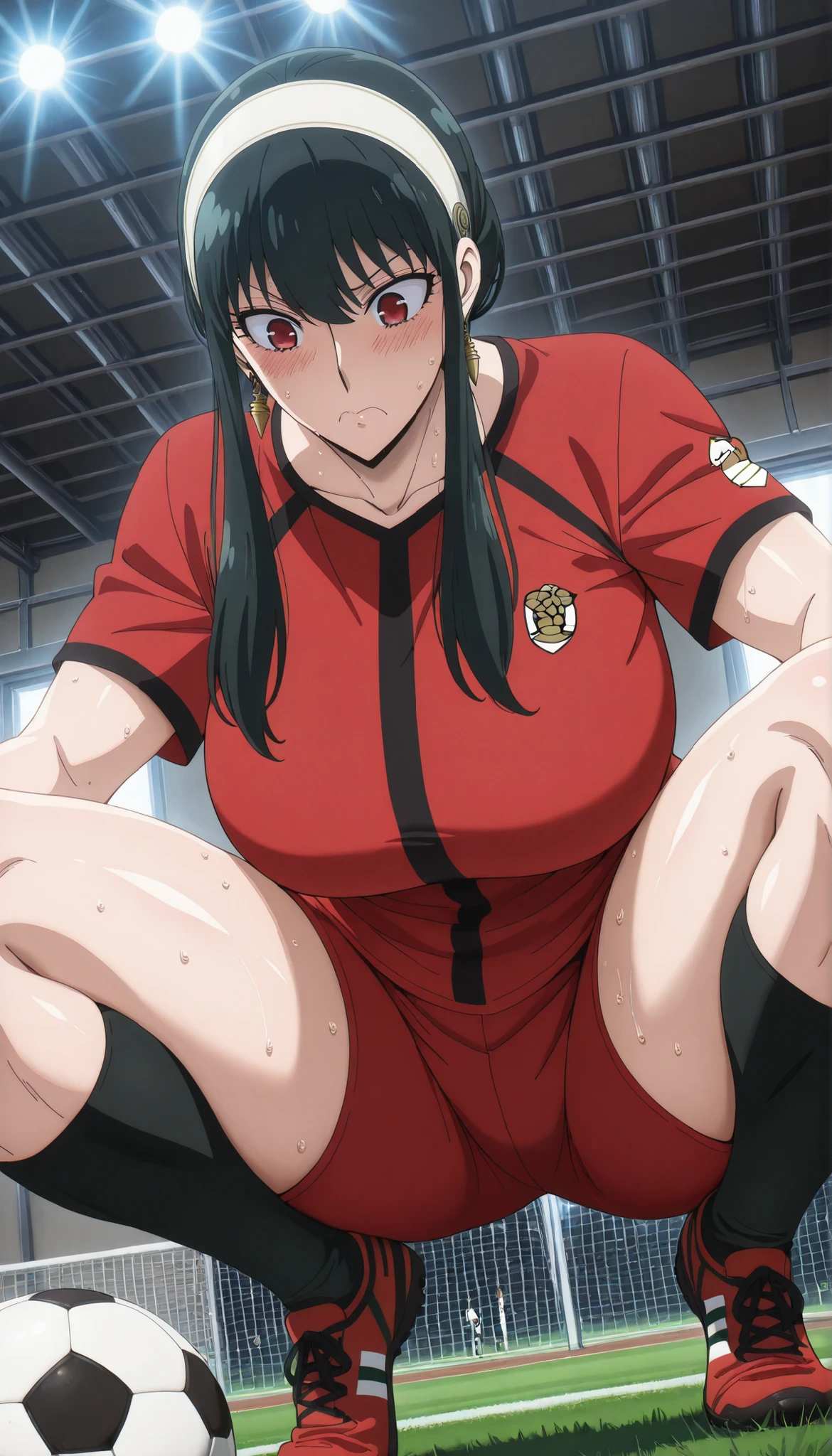 1woman, solo, Source_anime, soccer ground, wearing Soccer jersey, soccer shorts, socks, Soccer shoes, Soccer ball in ground, cinematic lighting, perfect lighting, detailed lighting, cinematic bloom,Quality_masterpiece, Anatomically correct, Beautiful face, Perfect face, Highly detailed beautiful face and eyes, Detailed face, Delicate facial features, Detailed skin, shiny hair, shiny skin, Huge breasts thick muscular thighs, wide curvy hips, fit body, delicate pattern, Mature female, Milf, Motherly, Sweating, yor briar, black hair, red eyes, earrings, white hairband, hairband, long hair, sidelocks, from below, dynamic angle , in squat position