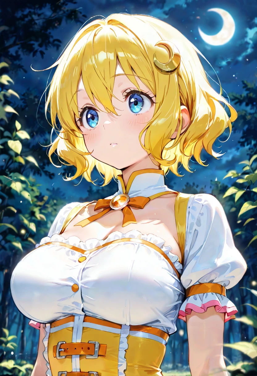 Idol、masterpiece、highest quality、Beautiful expression、Absurd、Hmph、(Cowboy Shot、White ruffle lace mini dress、white collar、White ruffle cuffs、particle:1.5)、(bloom、shine:1.4)、(Laughter)、(blonde short、Yellow Eyes:1.7)、Sharp focus、Photorealistic、High resolution、Highest detail、Ultra-detailed、Detailed face and eyes、Sharp pupils、Realistic students、Sharp focus、 Glowing Skin、Black corset、(Dark Forest、river、Dark Background:1.5)、Rim Light、dynamic, Cinema Lighting、(((Pull up your skirt:1.3)))、(((White panties are visible)))、(Perfect hands, Perfect Anatomy),