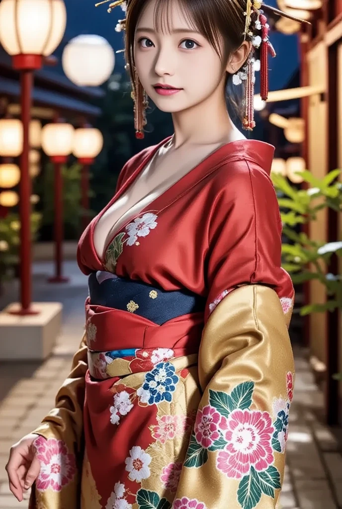 ((masterpiece(:1.4),Highest quality,Ultra-high resolution,Highest quality,8k,Extremely detailed,In detail))。night,Japanese,(A beautiful woman),glossy,slim,Large Breasts(1.6),sexy,glamorous,Golden Ratio Style,Perfect Style,whitening,Flashy gal makeup,Red light district,Bedroom,Oiran,Prostitute,Sunny day outfit,Uchikake,Gold brocade,((A gorgeous kimono)),A cutting board belt tied in front,Hair tying,hairpin,hair ornaments,Gorgeous costumes,Beautiful standing posture,Presence,Exude sex appeal,