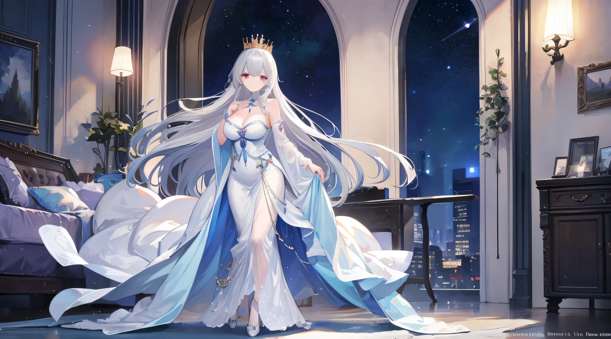 The girl had silver hair, que brillaba al sol, y ojos azules brillantes que brillaban como diamantes. Her figure was wrapped in a flowy dress., mientras alas plateadas brotaban de su espalda. On her head was a diamond crown that shone even in the shadows..