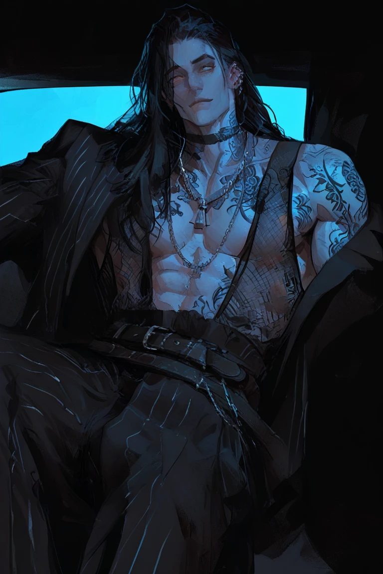 ((melhor qualidade)), ((Obra de arte)), (detalhado), create an image of a character named Klaus Kazuma, the main character and leader of the faction Sons of Hades, he appears to be 35 years old and is a shapeshifter, Klaus is an imposing man, standing approximately 2 meters tall with a muscular build ,Face Strong, chiseled features with a stern and intelligent expression, beautiful man,dark brown eyes that reflect a deep sense of justice and determination.
Hair Black and neatly styled, with a few strands falling across his forehead,
Skin Fair, with visible battle scars and tattoos that narrate his victories.
Expression: Focused and impenetrable, conveying his leadership and resolve.
Clothing blend of modern and traditional elements, He wears a dark, tailored suit with subtle yakuza influences, such as intricate designs on the fabric. Underneath, glimpses of his tattoos can be seen, he may also carry a traditional weapon, like a katana, to symbolize his combat skills, a modern yet atmospheric background, perhaps a high-rise office with a panoramic city view or a dark, ornate room filled with artifacts and symbols of his leadership, include his spiritual mascot, a black raven named Orpheus, perched nearby or flying in the background, the image should convey a sense of power, intelligence, and mystery. The lighting can be dramatic, casting shadows that emphasize his imposing presence and the details of his tattoos.