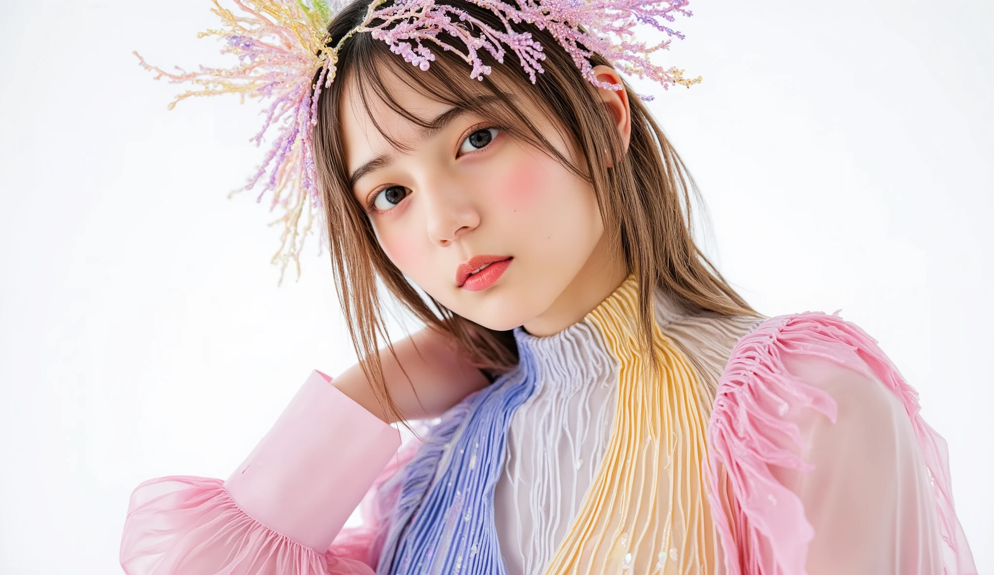 8k, masterpiece, armor,live-action,  young woman, Elegance,masterpiece、Diagonal corner,watches the audience, creates an artistic mystical soul-like image. ,บทความแฟชั่นไฮเอนด์ที่นำเสนอ young womanเชื้อสายเอเชียและสลาฟอายุ 20 ปี สวมชุดประติมากรรมสีรุ้งอ่อนพาสเทลที่มีความไหลลื่น,  liquid texture . , The evening gown featured a high neck and sparkling asymmetrical creases. covered in lavender pastel colors,   Disney  ,, , and roses under bright studio light. The jewel in her headdress was a work. Contemporary organic work similar to tangled corals, Made of transparent resin,, gives off a goddess vibe. , Her blond hair is gently curled、and roses under bright studio light, , on the other hand、Her makeup had holographic highlights applied to her cheekbones and moisture,  reddish pink lips. , Half photo　Capturing her gently staring into the distance, , Her flashy look、was complemented by a minimalist white background and diffused studio lighting.. . The overall picture looks avant-garde, Luminesse , and surreal fragility.
