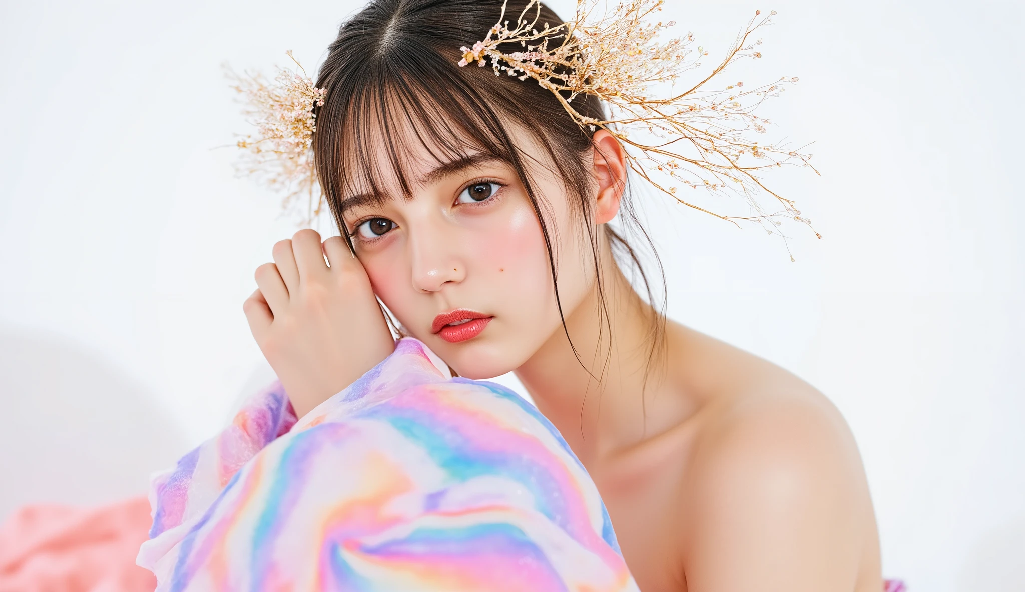 8k, masterpiece, armor,live-action, young woman, Elegance,masterpiece、Diagonal corner,watches the audience, creates an artistic mystical soul-like image. ,บทความแฟชั่นไฮเอนด์ที่นำเสนอ young womanเชื้อสายเอเชียและสลาฟอายุ 20 ปี สวมชุดประติมากรรมสีรุ้งอ่อนพาสเทลที่มีความไหลลื่น, liquid texture . , The evening gown featured a high neck and sparkling asymmetrical creases. covered in lavender pastel colors, Disney ,, , and roses under bright studio light. The jewel in her headdress was a work. Contemporary organic work similar to tangled corals, Made of transparent resin,, gives off a goddess vibe. , Her blond hair is gently curled、and roses under bright studio light, , on the other hand、Her makeup had holographic highlights applied to her cheekbones and moisture, reddish pink lips. , Half photo Capturing her gently staring into the distance, , Her flashy look、was complemented by a minimalist white background and diffused studio lighting.. . The overall picture looks avant-garde, Luminesse , and surreal fragility.