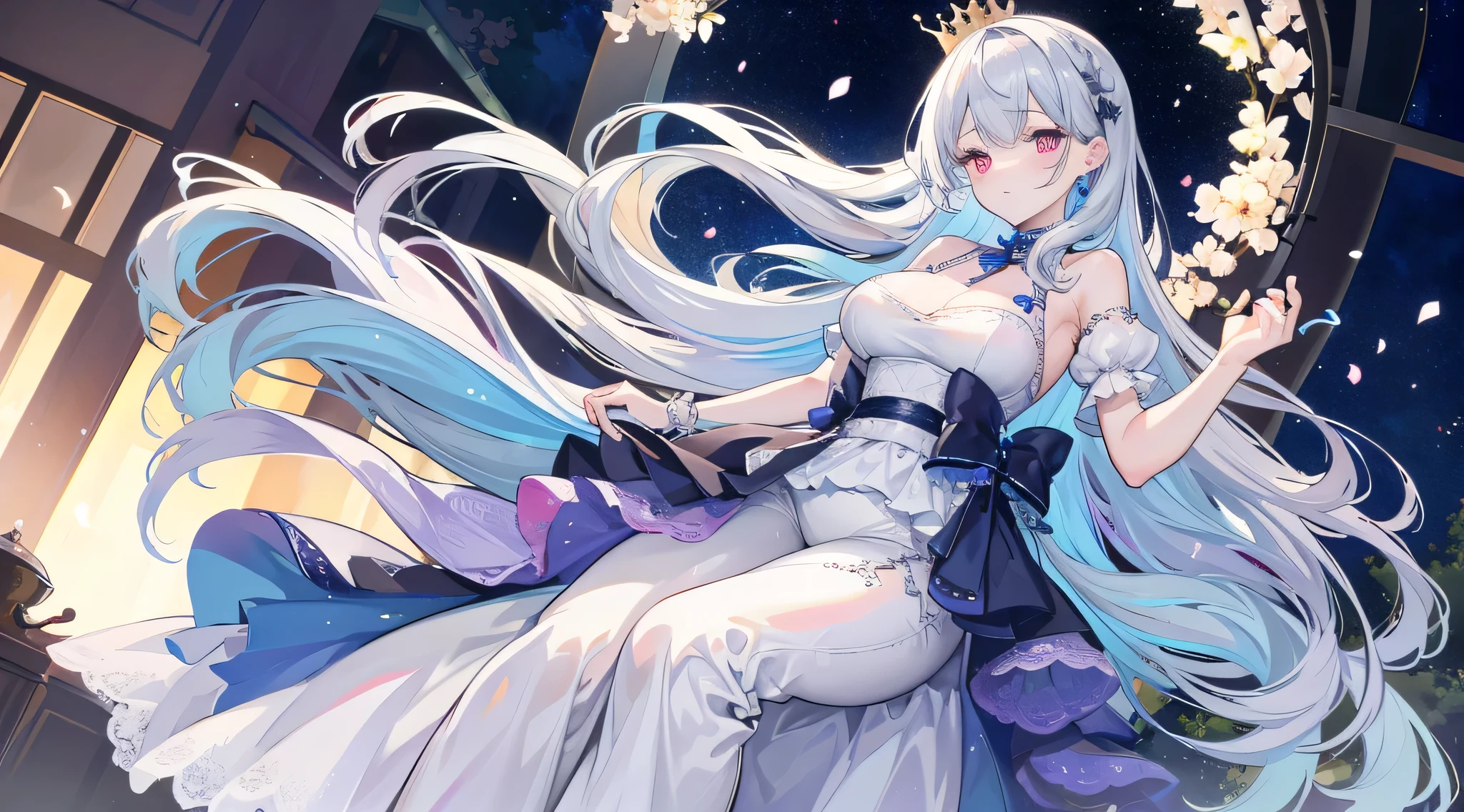 ((highest quality)), ((masterpiece)), (detailed), (Perfect Face)、The woman is Extia and has long blue hair.、A gorgeous blue see-through dress with a long slit that lets you see right through to the skin, a see-through cape with fur, a necklace with jewels, a tiara, earrings, a head dress-up chain, a waist chain, bracelets, ankle bracelets, etc.々She wears lavish jewelry and shiny blue boots.