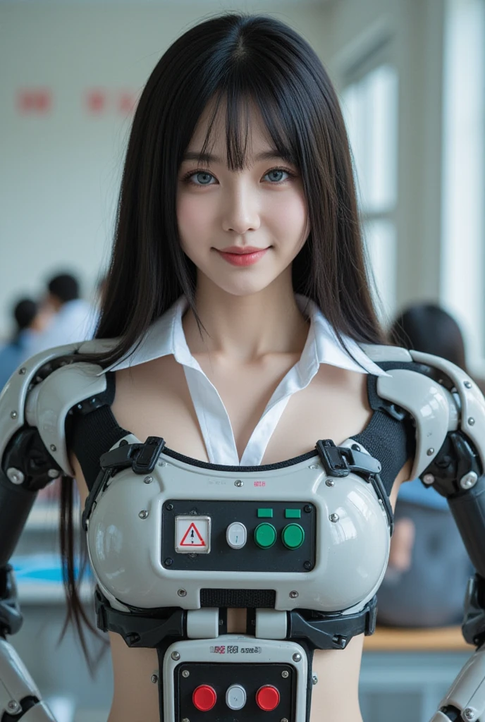 (((masterpiece))), ((((Top image quality)))), (((The ultra-detailliert))), (High Definition CG Illustration), (((Big smile))), ((extremely delicate and beautiful face)),(Cute and delicate face), Cinematic Light, ((1 Machine Girl)), 独奏, Colossal 、The cleavage is visible、no nipples、full body Esbian, (Mechanical joint: 1.4), ((Mechanical limb)), (blood vessels connected to tubes), ((Mechanical vertebrae attached to the back)), ((Mechanical cervical included)),(sitting on),deadpan,(Wire and cable head mounted on the head)and body:1.5)、Hydraulic cylinder、Machinery inside the body exposed、(Focus on character)、Sumerian details、科幻小说