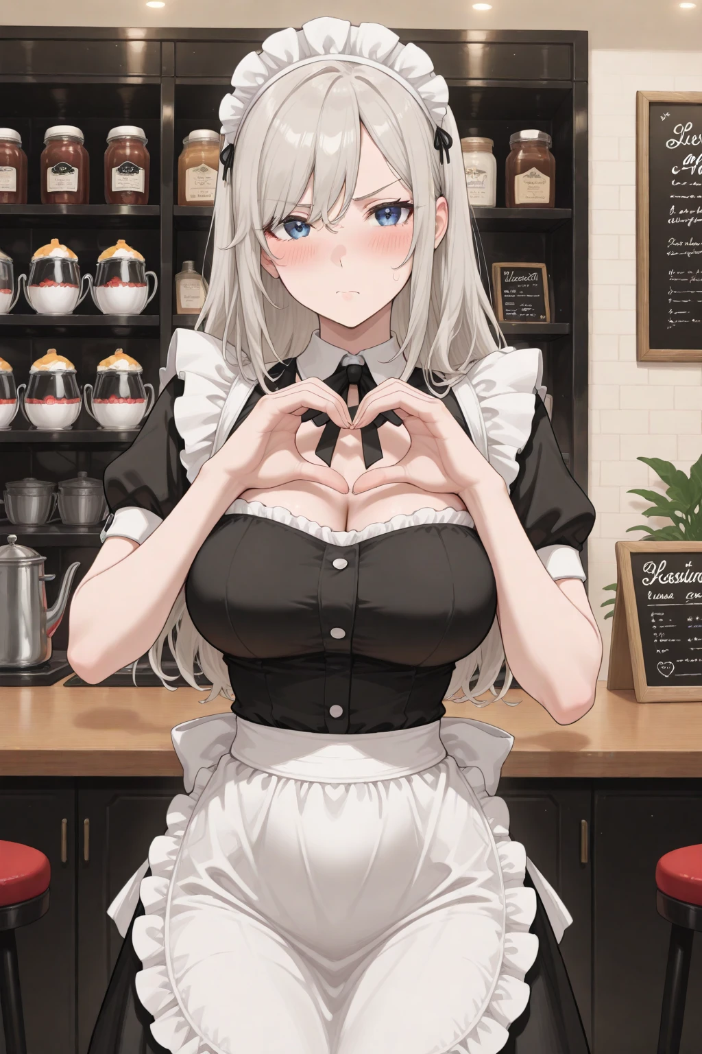 (masterpiece, best quality:1.4), illustration, 8k, hd, 1girl, solo, elegant_long_hair, white_hair, dress, white_thighhighs, no underwear, short_sleeves, frills, apron, brown_eyes, cleavage, metal_collar, anchor_choker, maid, white maid, ((big breast, glasses, smug)), (restaurant, maid cafe)
