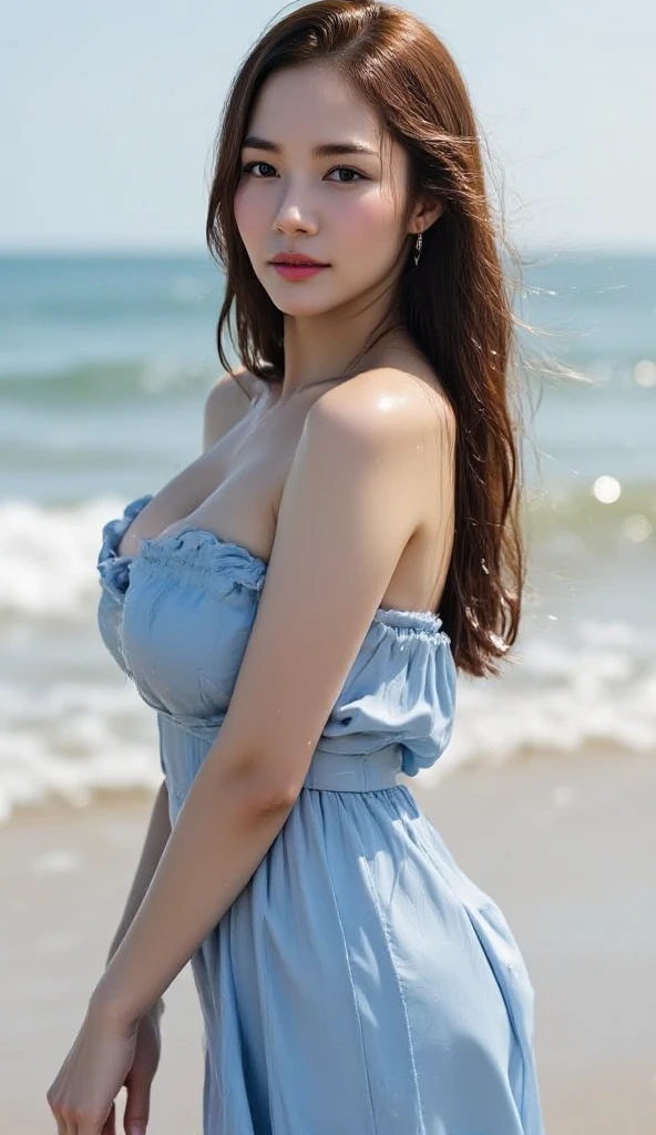 (The most beautiful married woman in Japan), 30 years old, super detailed face, Detailed lips, (big eyes:1.4), Double eyelids, Thick brown curly hair, (laughs) 、(Teeth white), (Open lips), ((wearing a tight light blue halter top, showing off her breasts, showing off the back of a long skirt sitting on a beautiful beach))、((full breasts)), thighs thighs thighs thighs 、(Cowboy Shot :1.3), Perfect fit, depth of field 、Perfect optical image, Clear background :((beautiful beach photo pose, tight strap outfit, light blue, great beautiful, detailed, Perfect lighting、Super realistic、Photorealistic、up to 8K resolution, (masterpiece), extremely detailed, Professional