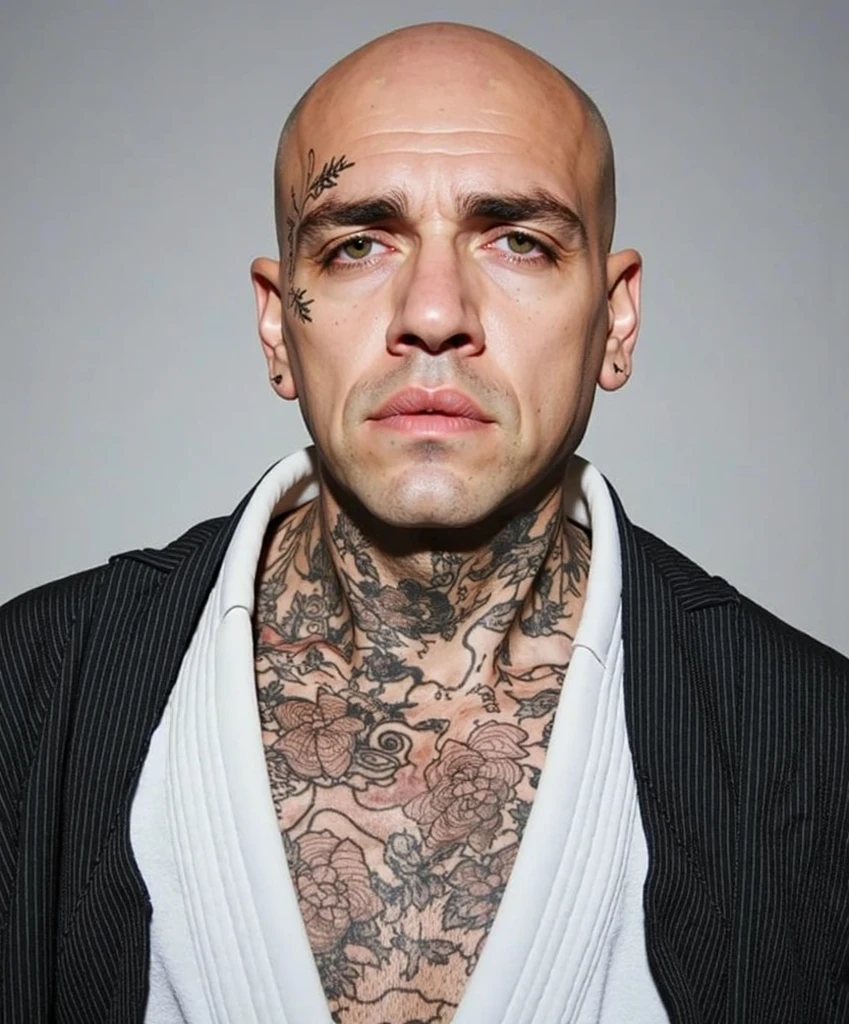 a close up of a man with tattoos on his chest, muscular bald man, with tattoos, pawel rebisz, yann blomquist, shaved head, tattooed man, by Ludovit Fulla, vitaliy bondarchuk, headshot profile picture, marcin rubinkowski, inspired by Ludovit Fulla, bald man