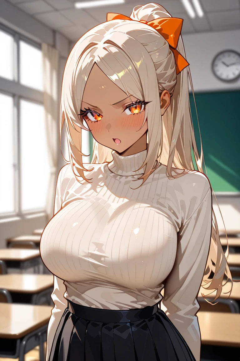 1 female, y, detail, medium bre classroom,lewd expren, (sitting), cleavage, (gya skin), blonde, blue hair
