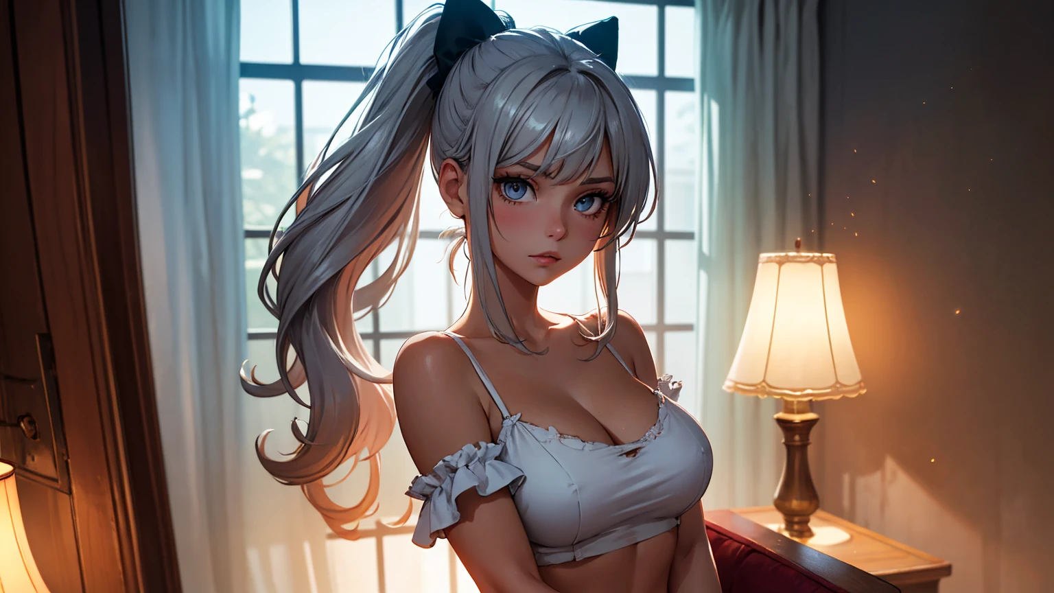 tmasterpiece,best qualtiy,highly detailed,cinmatic lighting,Ray traching,available light,cinematic compositions,CG,GameCG,bluntbangs,extremely detailed eyes and face,s the perfect face,shiny skins,largeeyes,looking at viewert,big breasts beautiful,Very long hair,UHD,8k,light grey hair,(GameCG),Pink eyeshadow,crewneck,crewneck,Big breasts corset,mediuml breasts,slimification,Oval shaped face,鎖骨, Star necklace, pink flowers that, skintight jeans,1girll,mediuml breasts, long whitr hair, By bangs, hair straight, vests, exteriors, watered eyes, butterfly hair ornaments, Star necklace, back to look back,