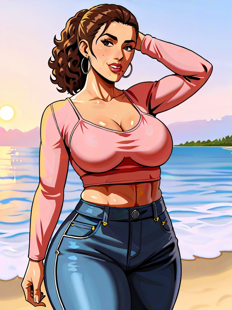Best quality, solo mature woman, giant breasts, giant ass, very curvy, tanned skin, middle parted hair with curled ends, sea pink eyes, full lips, seductive, sea pink sunglasses, rhinestone beaded singlet, pleated denim skirt, flower earrings, flower necklace, thick thighs, curvy physique