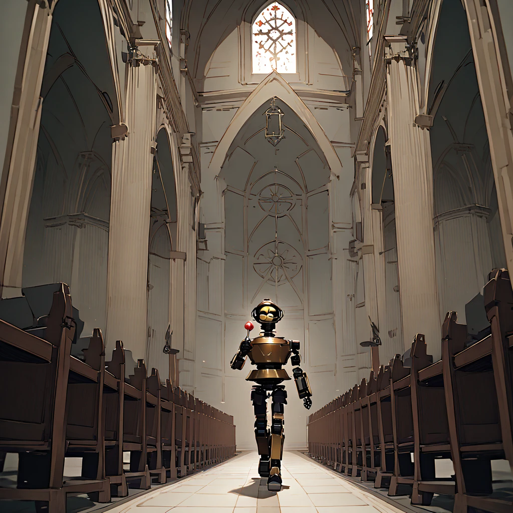 A broken, rusty Ashley Wood-like robot prays in front of a stained-glass window in a church