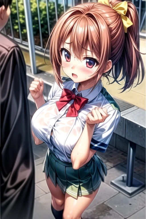 asakura_yume,Brown Hair,Medium Chest,Aqua Eye,White skin,((Are standing)),((surprise)),((Embarrassment)),((sorrow)),((Close ~ eyes)),((Sleeveless_sweater)),mini skirt,(((crowded train))),((Multiple men)),nsfw,((Multiple molesters)),(((((Yume Asakura_A molester grabs my breasts))))),((No bra)),
