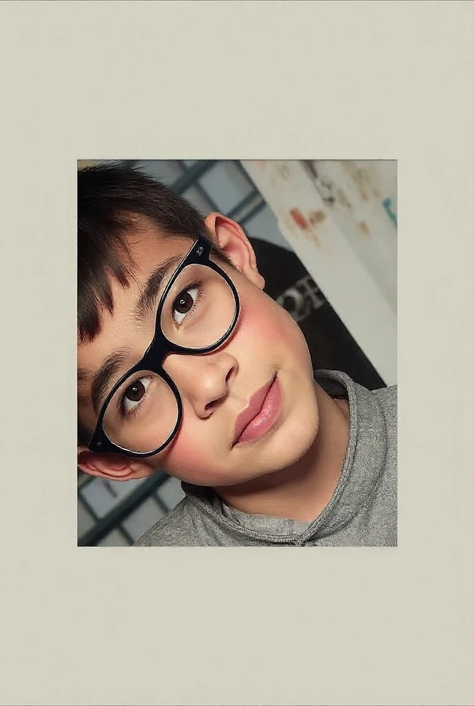 (Close portrait:1.5) of a 3-year-old boy with glasses, (rosto sujo de chocolate:1.5), vestidos com roupas jeans, loja de doces, detalhes intrincados, High definition