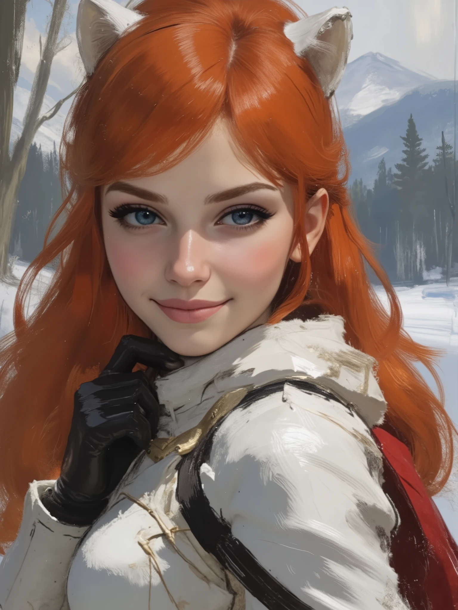 highres, Close-up, A very beautiful 22 year old a lady paladin warrior, beautifully detailed eyes, (((DeepSkyBlue eyes: 1.5))), ((beautiful and detailed candy pink lips, thin lips, light smile)), (((long orange red hair, shiny hair))), white tiger ears, ((dynamic pose, graceful pose)), (((white leather armor, blood red cape, black belt, black paladin gloves))), (((Masterpiece, high quality, UHD, 8k, 16k))), ((Hyper realistic)), ((photorealistic)), sharp focus, no blur, film grain, dynamic angle, wide angle, panoramic, stunning image, epic landscape, soft lighting, cinematic lighting, top quality, (Best Quality), vibrant, colorful. Winter forest background, 1mountain in the background, blurred background, (depth of field), bokeh. Watercolor. celestial, fantasy, liquid gold.