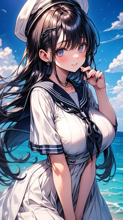((Browsing Caution,serafuku)),masterpiece, highest quality, detailed, One Girl, Beach, Huge breasts, smile, Ocean, Gentle Breeze, Soft lighting,