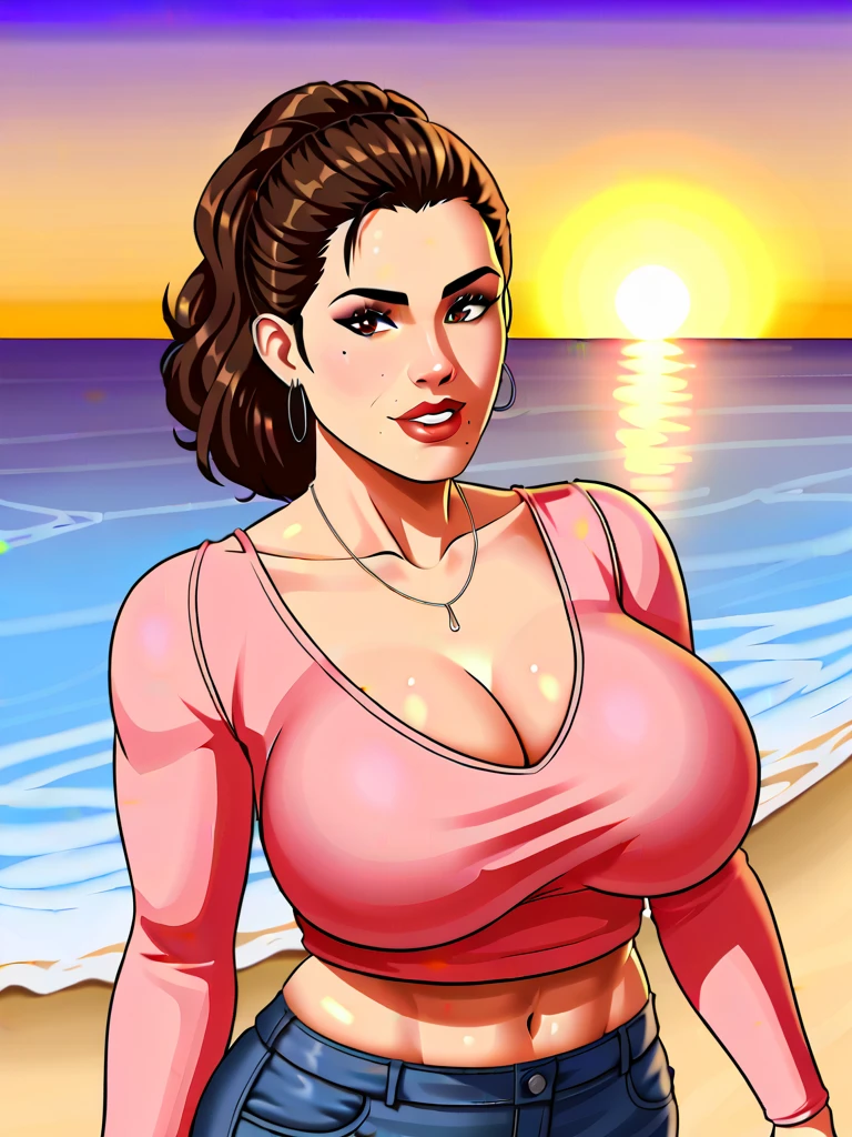 (work of art), best qualityer, expressive eyes, face perfect, 1 girl, breastsout, massive breastsout, standing alone, Abdomen, short green hair, pretentious smile, tatsumaki, mature woman, sensuous, milf, swimpool, gazing at viewer, calm, full body shot shot, perfects eyes, face perfect, swimsuit wear, Bare feet, thicc thighs, neckleace, sfm, (watermelon print:1.2) 比基尼,