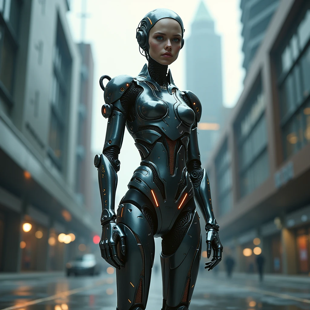 comic book art of 2077_Style a cyborg lady with dark short straight hair, bare shoulders, bodysuit, nose blush, open mouth, thick lips, (facial mark:1.3), cosplaying as 4lit4, in a busy cyberpunk city fulled of peoples holding camera, at noon, One hand on hip pose, natural light, Adobe Light, outdoor, front view, solo, full body, sfw <lora:Alita_SDXL_v2:1> <lora:2077_Style:1> , comic art, graphic novel illustration