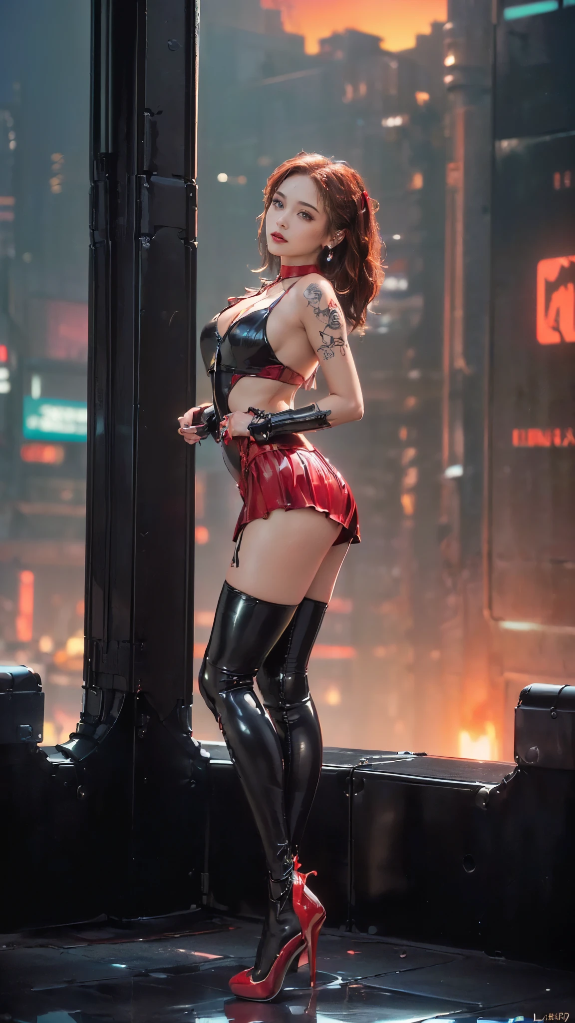 (8k, RAW photo, best quality, masterpiece: 1.2), (realistic, photorealistic: 1.37), 1 girl, Japan, 40s,, cityscape, night, professional lighting, photon mapping, radiosity, ripped, big, bright red see-through and very small bra, tip sticking out, ?????? protruding, pubic shape clearly visible, gal , Lots of lashes, Lame on the eyelids, Bright red lips, Pure black heels, Pubic hair, Lower abdomen bristles, Slender, ?????? open, are large and about to spill out of bra, See-through underwear, Pubic hair sticks out of underwear