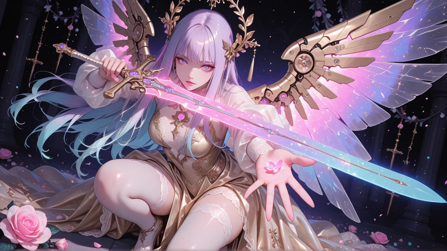 masterpiece、highest quality、Ultra-high resolution、Maximum resolution、Very detailed、Professional Lighting、anime、Adult women、thin、so beautiful、Screaming face、Brave face、Open your mouth、White and purple enamel high leg leotard、Purple pattern、((Cyber Armor))、Leg Armor、Shiny Armor、White decoration、Cyber Headgear、Shoulders show skin、Blue Earrings、Silver Hair、long hair、Purple Eyes、Beautiful eyeedium breast、Pink Lips、White cloak、Angel Wings、Dynamic Pose、A moving picture、Long skirt with an open front、With gorgeous sword and shield