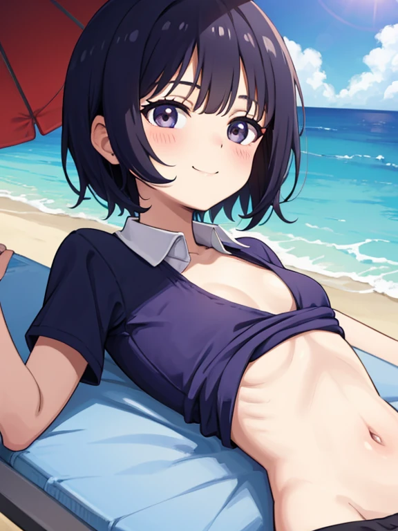 knees apart feet together,POV,<lora:muirneV1:0.9>,muirne,medium hair, blush,bikini,outdoors,beach,sunlight,(masterpiece, best quality, ultra-detailed, best shadow)