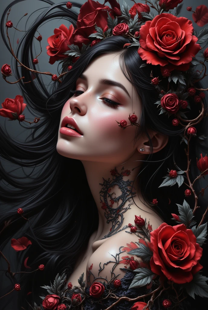 delacroix style, flower, very dark lighting, colorful clothes, tattoo, artistry, ((woman)), tranquil, dark atmosphere, fashion photography portrait of red human avatar, (sidelighting, detailed pupils:1.1), High contrast, hourglass slim figure, looking at viewer