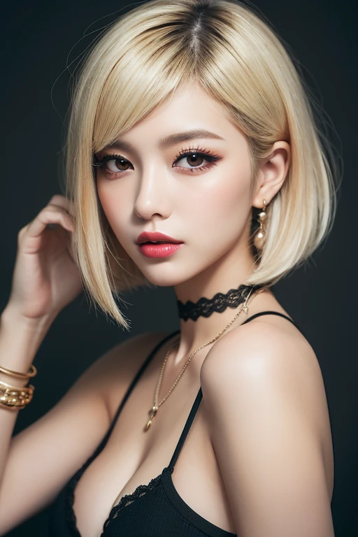 a beautiful young korean idol woman, 1girl, extremely detailed eyes, long eyelashes, beautiful detailed lips, flawless skin, elegant expression, intricate jewelry, detailed clothing, short bob blonde hair,   cleavage, small breasts, (best quality,4K,8K,highres,masterpiece:1.2),ultra-detailed,(realistic,photorealistic,photo-realistic:1.37),studio lighting,HDR,vivid colors,professional photography