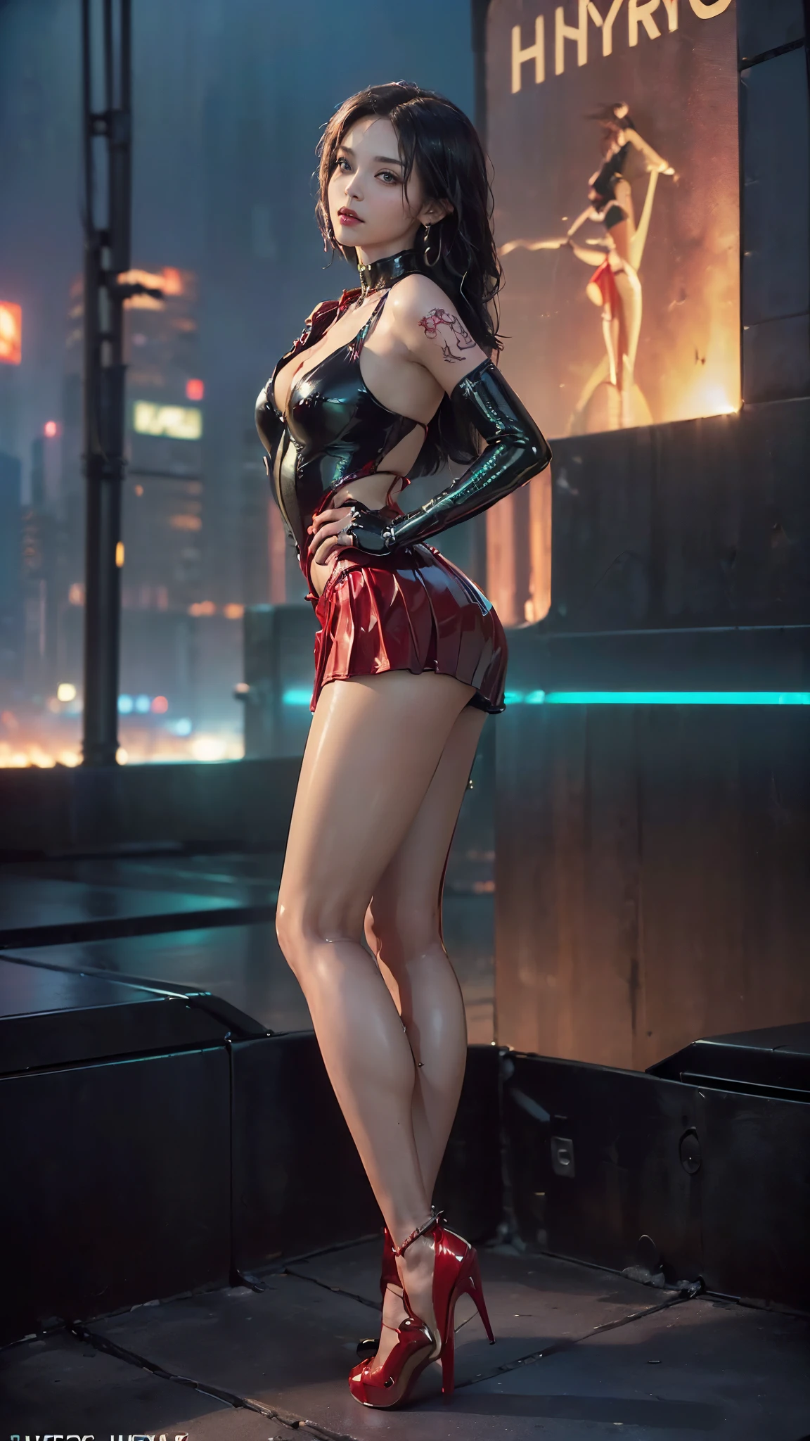 mulher arafa de terno preto e meias posando para uma foto, Glamorosa Jill Valentine, coxas e saia, as a retro futuristic heroine, 60s science fiction pinup style, Estilo Hajime Sorayama, Inspirado em Hajime Sorayama, inspirado em Eve Ryder, uma policial negra dieselpunk, Lembrando Blade Runner