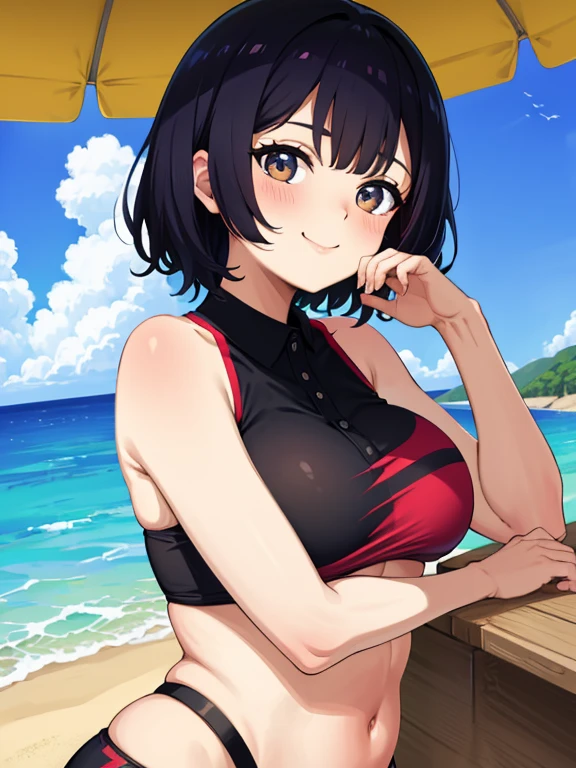 Woman with amazing big breasts and cat ears, Black Bob Cut, a smile, Open mouth, red eyes and eyebrows, Sunny beach, Mass sweat, Shiny skin, Looking down, Fancy Bikini, Looking here, Inner Stock, Laying on hands
