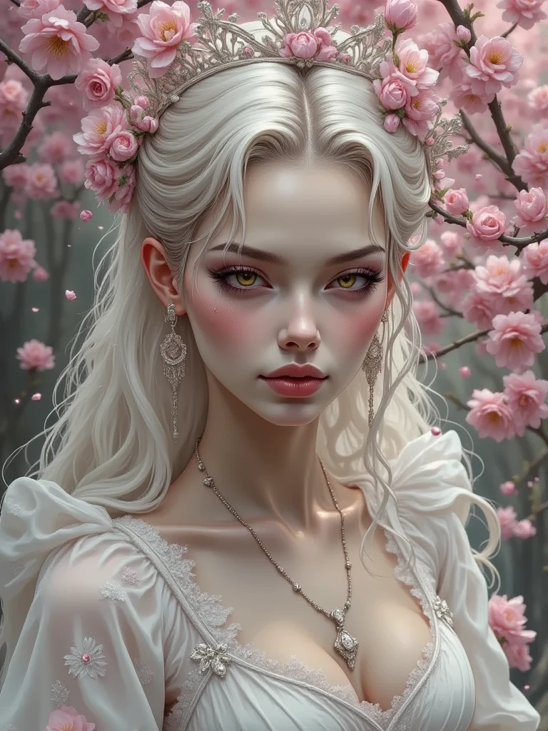 A beautiful woman with long white hair, blue eyes, serious features, and white skin, with a round, big bust and pink nipples, wearing a loose, see-through lacy fabric, standing in a garden surrounded by flowers in a forest, (best quality,4k,8k,highres,masterpiece:1.2),ultra-detailed,(realistic,photorealistic,photo-realistic:1.37),highly detailed facial features,extremely detailed eyes and face,longeyelashes,beautiful detailed lips,beautiful detailed eyes,1girl,illustration,oil painting,fantasy,dark fantasy,dramatic lighting,dramatic shadows,moody,dark,gothic,cinematic