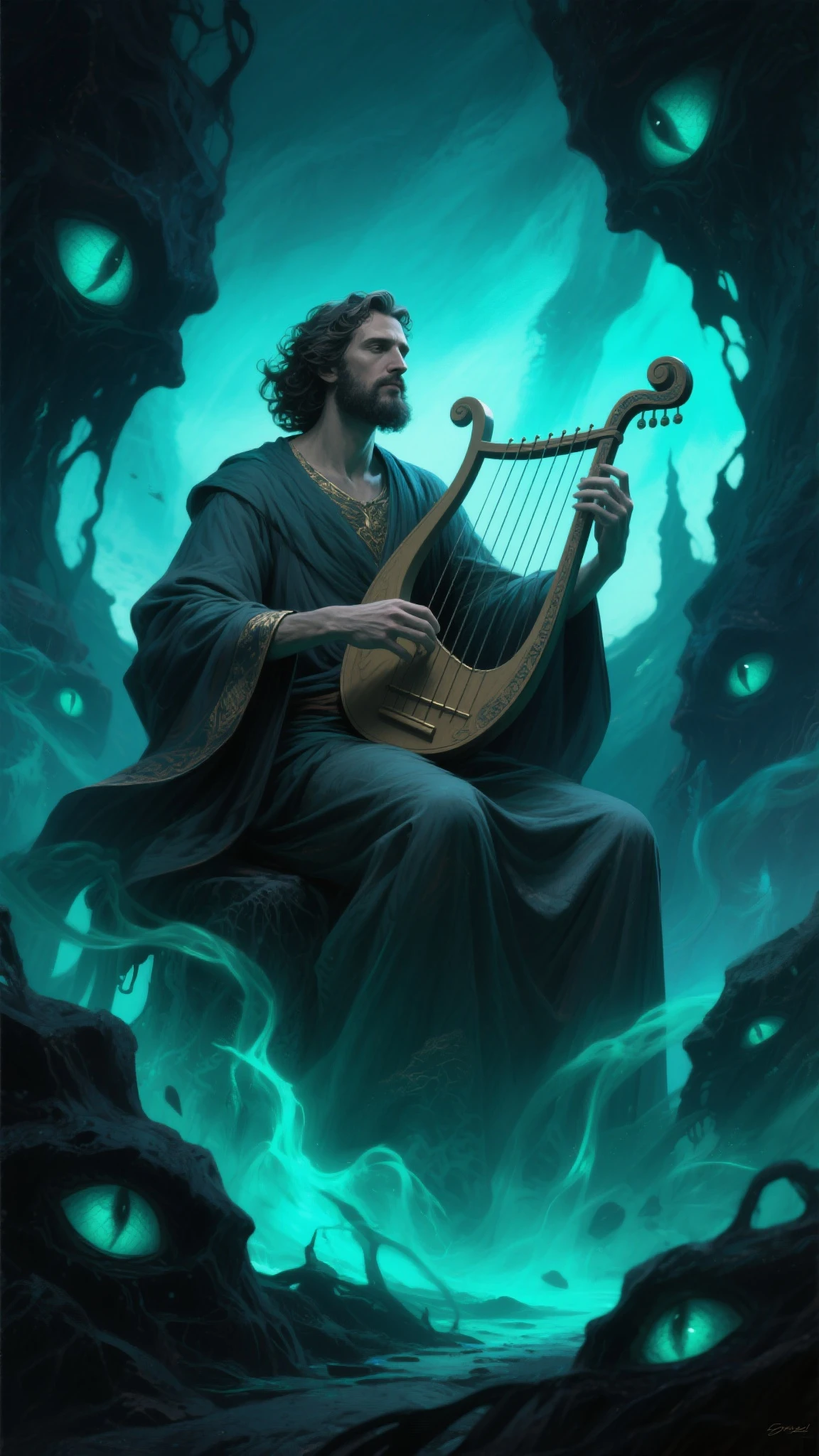 octopus-looking man, tentacle hair, rpg, digital painting, playing a flute, sound coming out of the flute, hd, very defined, many details, extremely detailed eyes, top, long tentacles, blue tentacles, digital illustration, beautiful landscape, HDR, light blue magic aura, purple mantle, golden jewelry on the chest --auto --s2