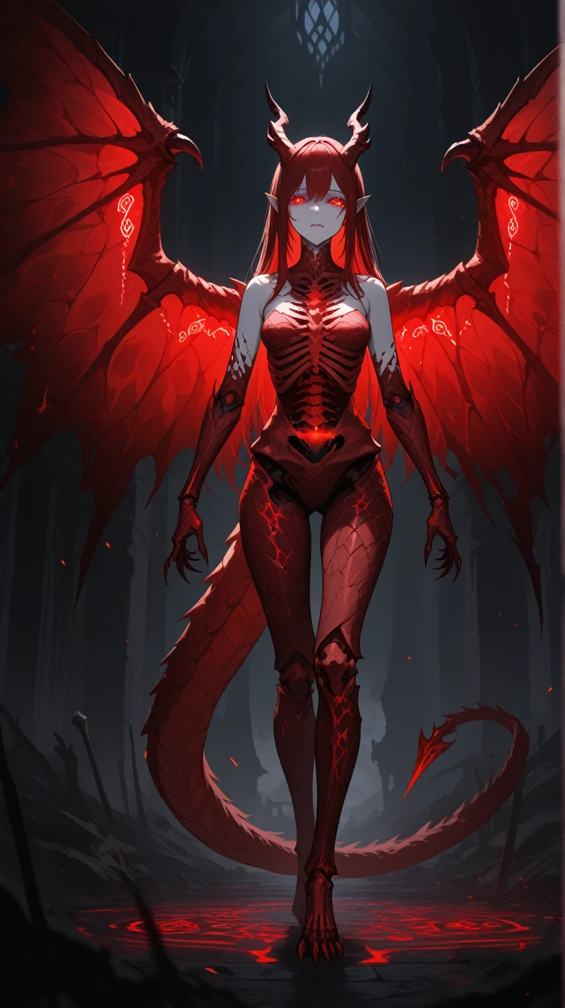 flaming red dragon woman with wings, perfect hands, flames and particles, fictional figure body hands on waist