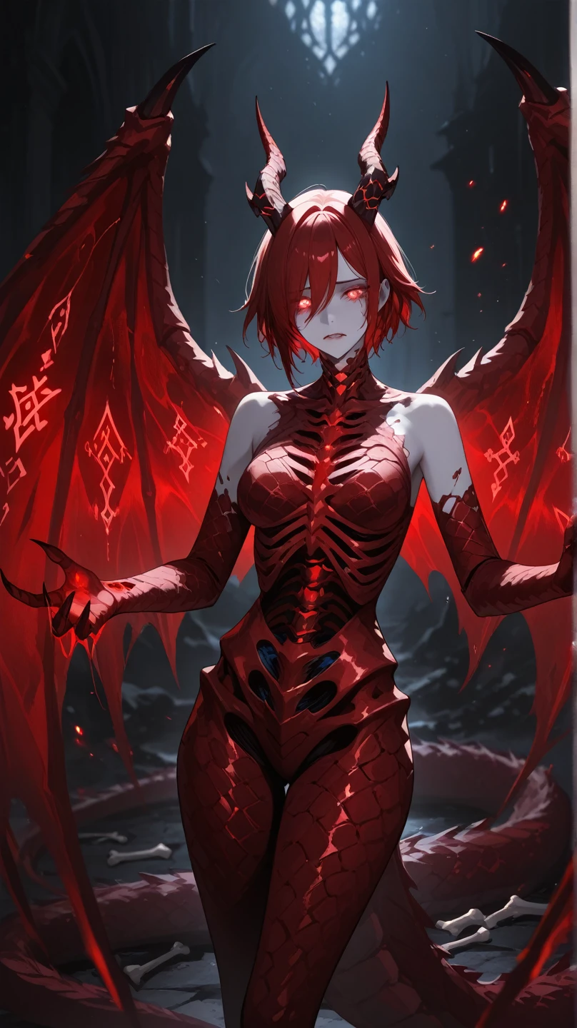 ( (((Majestic, Terrifying, female Lava Demon))), (Volcanic, Infernal, Creature), (Dark, Scarlet, Skin), (High resolution, 8K Wallpaper), Textured, Sculpted Muscles, Vibrant, Glowing Eyes, Sultry, Smoky Breath, Fire, Magma, (Two horns, Tail coils), (Sensitive, Lava Skin), Showcasing, Detailed Facial Features, Charred, Craggy Complexion, (Dynamic, Dramatic Lighting), Smoldering, Epic, (Masterpiece), Lava, Volcano, Molten, (breast armor:1.2)
