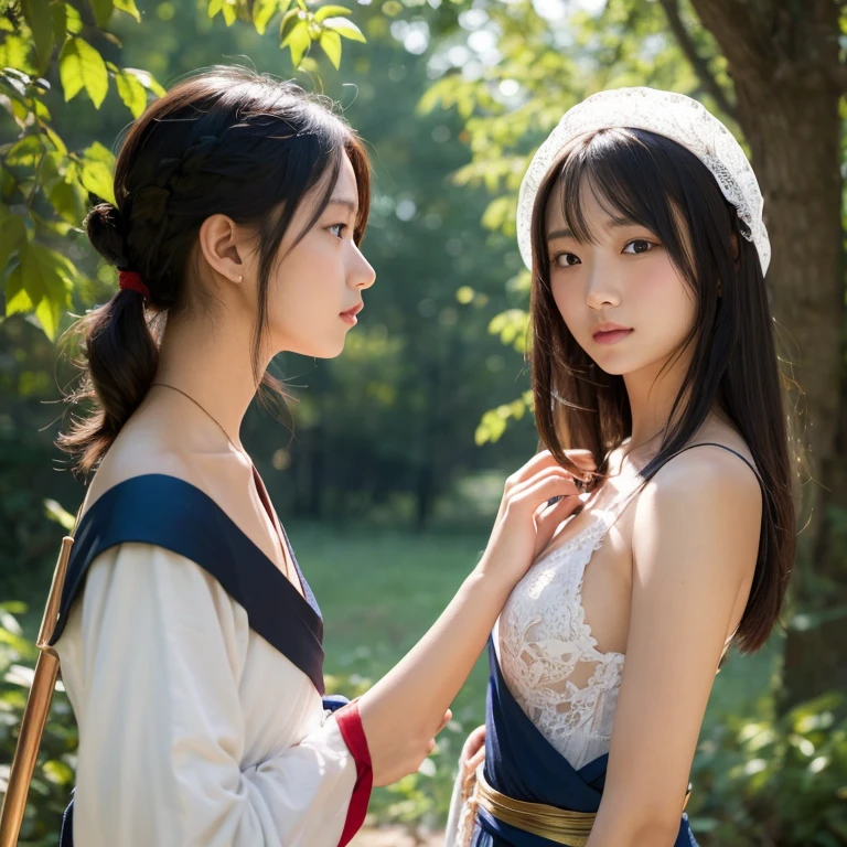 日本people、1people、The most beautiful woman、A tragic determination、clear、Shiny black hair、((Standing with legs wide open))、Photo Style、length, bangs、light makeup、Standard face、(((Wearing a white Etchu loincloth)))、((Light clothing:0.5))、(She is hiding her breasts by wrapping a cloth around her chest.)、Sacred Rites、Offered as a sacrifice、Majestic Japanese architecture、Solemn、Outdoor、Many spectators pay attention、(((Showing off your loincloth))), 32k, Raw photo、Highest quality
