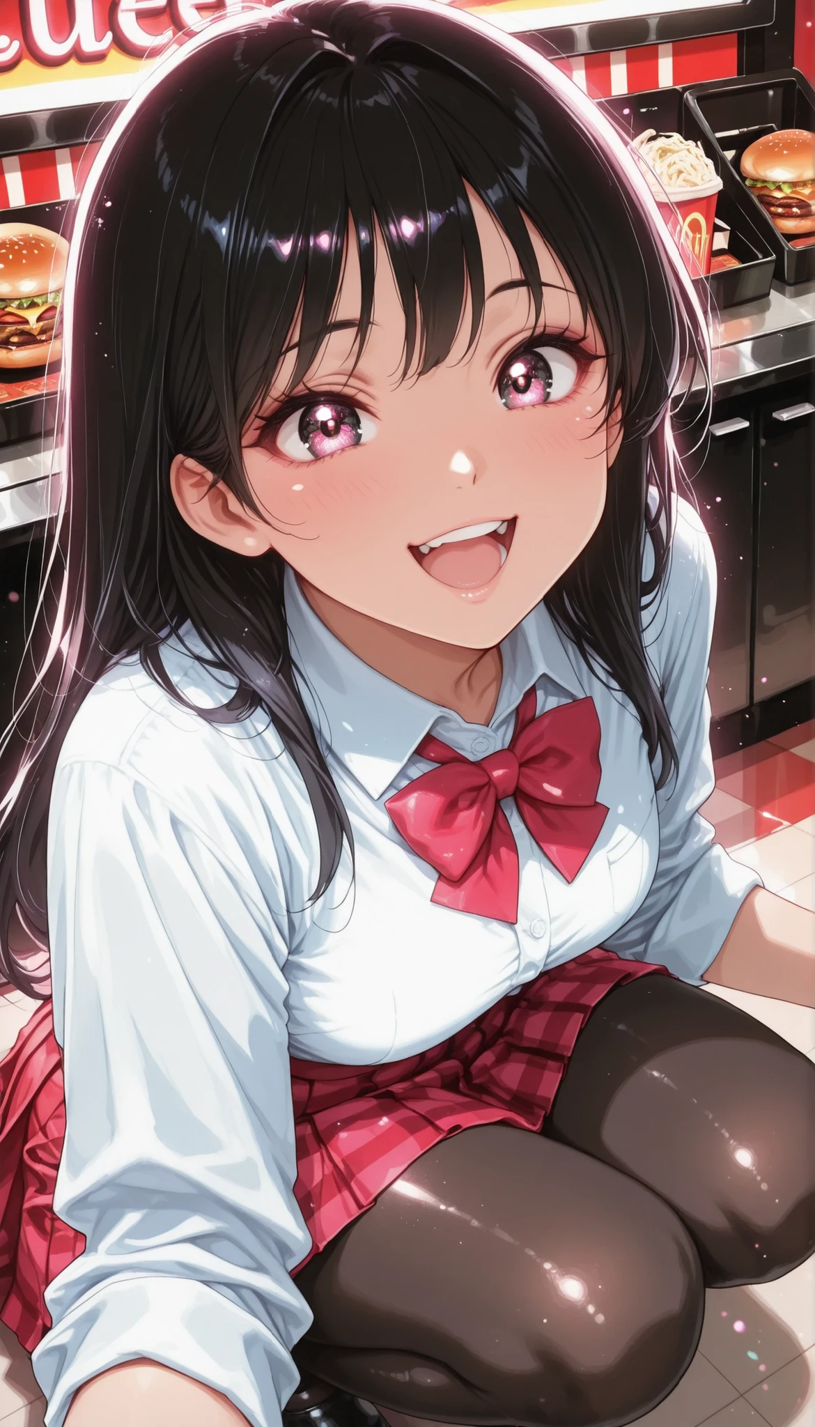  is so lovelyな女子校生, 1 woman, beauty, (long black hair, white shirt,  bow tie, Red checkered pleated mini skirt, black pantyhose), dark store interior, hamburger shop, Lively,  laugh, in Kura, squat, face focus, from above, Inside a fast food restaurant, Glowing Contours, Backlit lighting light,  glittering, Glamor,  is so lovely, colorful, lively,  look at the viewer , sexy pose, high image quality, very aesthetic, Highest Quality, masterpiece.