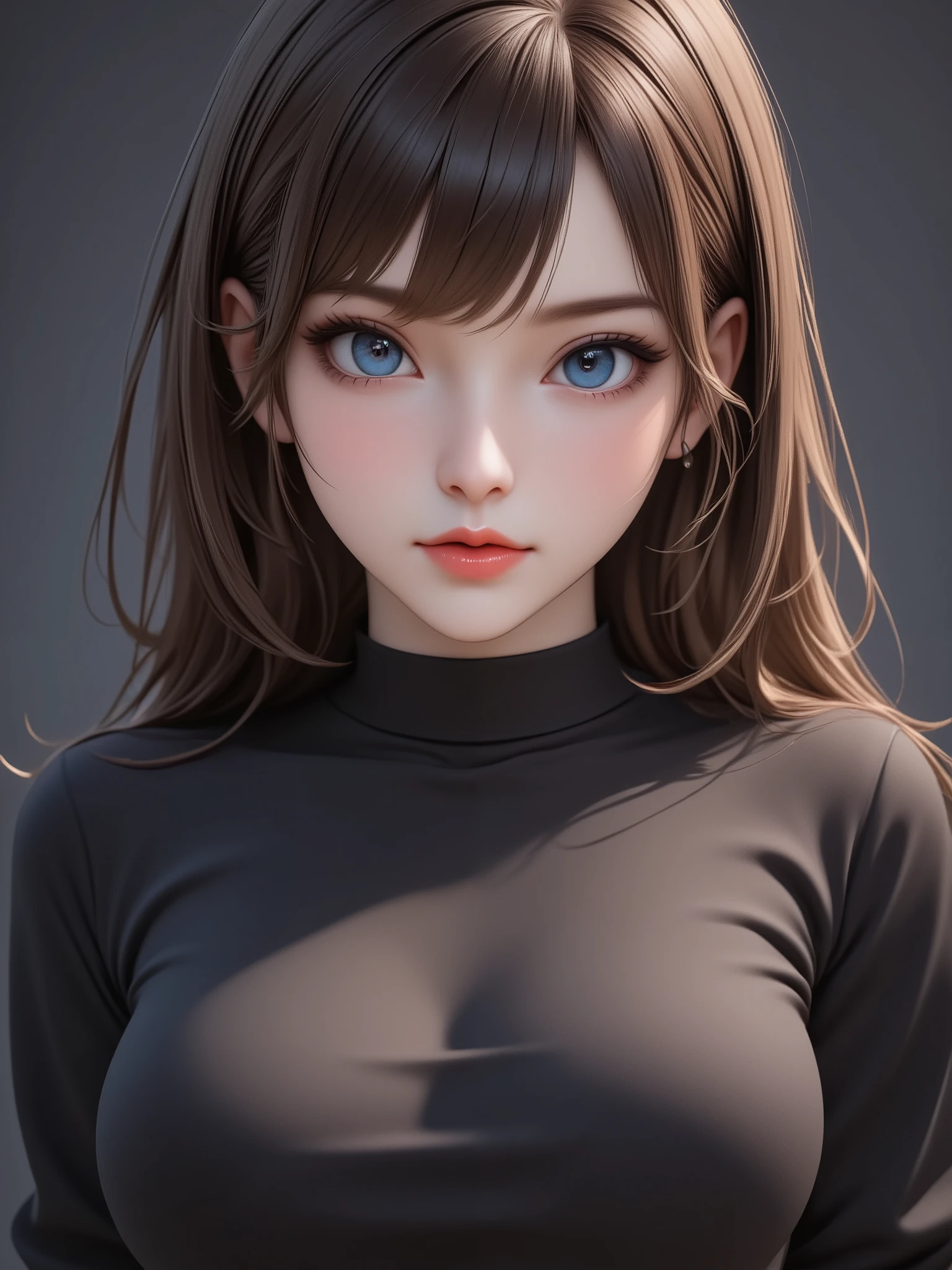 masterpiece, highest quality, Very detailed, Facing the camera, 複雑に詳細なSuper detailed, Realistic, Sharp features, Very detailed, Sharp focus, Perfect Face, Perfect Face, Perfect symmetrical perfect eyes, Perfect Plump Lips, Flexible female form, Cinematic, Film Light, Super detailed, hyper Realistic, masterpiece, atmosphere, High resolution, Vibrant, Dynamic studio lighting, ((Dark Background)), The expression when receiving pleasure, Straight bangs, ((Underboob))、blue eyes,Black sweater, Cowboy Shot, Big Breasts,