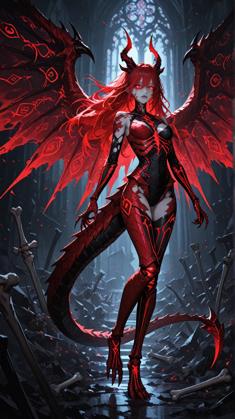 full body portrait of Evil Phoenix from DC with intricate angular cybernetic implants inside a brutalist building, gothic brutalist cathedral, cyberpunk, award-winning photo, bokeh, neon lights, cybernetic limb, jean grey, revealing outfit, sexy
