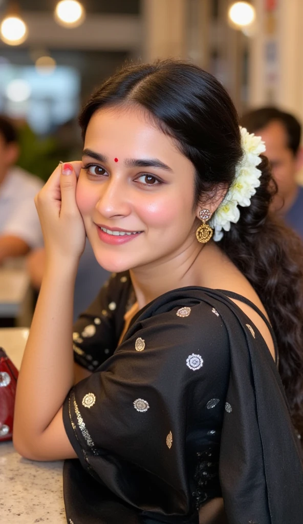 A medium shot portrait of a beautiful Indian woman with a warm, genuine smile. She's indoors, likely in a restaurant or café, with a blurred background showing other patrons and soft lighting. The woman has fair skin, light brown eyes, and defined eyebrows. Her dark hair is styled in a low bun with a side part, and she's adorned with large, ornate, traditional Indian earrings that have a circular design with gold, silver, and dark stones. A garland of white flowers is tucked behind her ear, resting on her hair. She wears a black, traditional Indian saree with a delicate, lacy, black blouse underneath. The saree drapes elegantly over her shoulder. The lighting emphasizes the highlights in her hair and on her cheekbones, creating a soft, natural glow. The overall impression is one of beauty, elegance, and cultural pride. Other people can be seen in the blurry background, making the image realistic,angrd