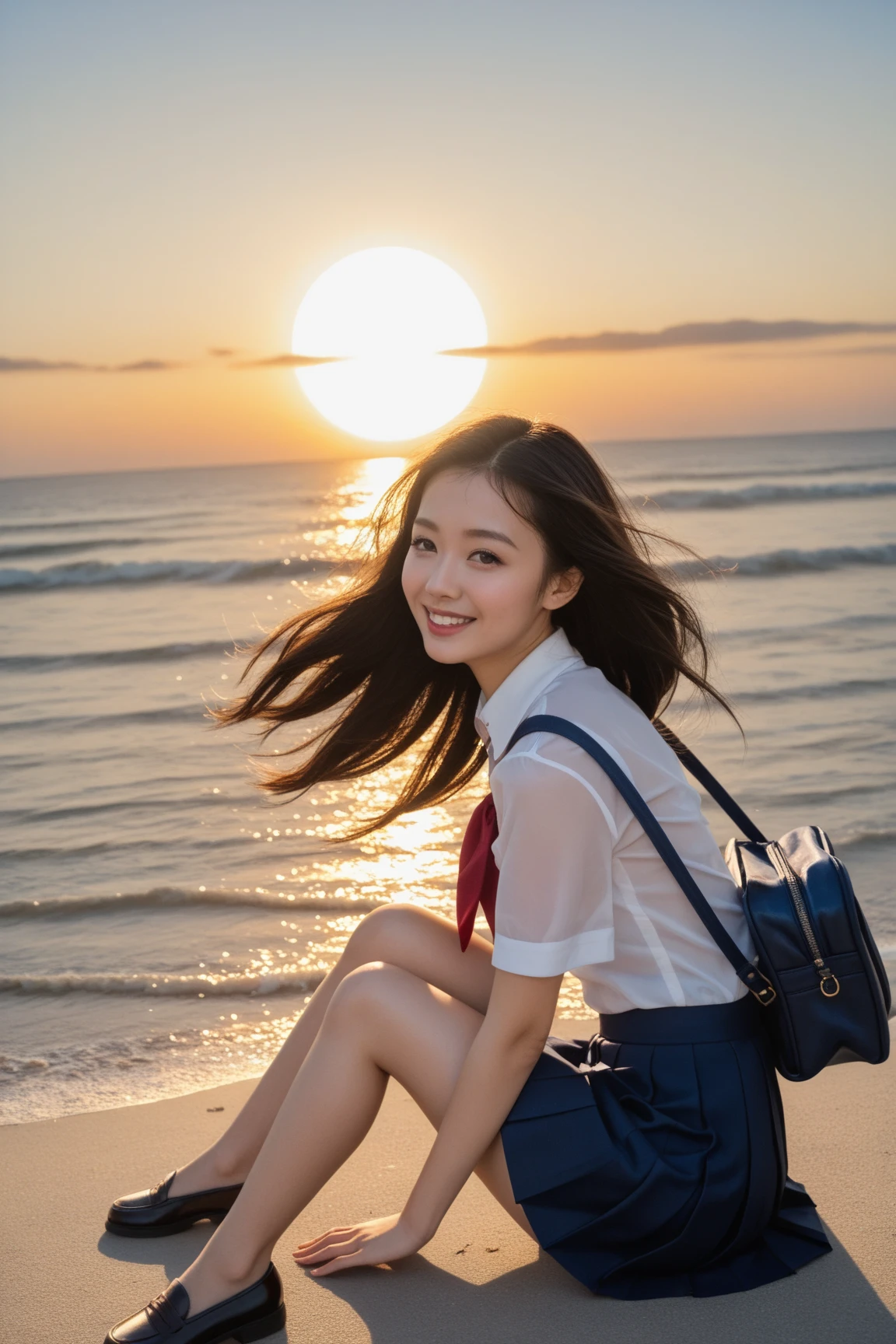 software:1.5、close , ((from diagonally below)), top quality, table top, 16K, realistic, concept art, Beautiful girl squatting on the beach , beautiful face, smile gently、Beautiful light brown bun hair, beautiful light brown eyes, plump breasts, look at viewer, blush, high school uniform, blazer, pleated skirt, Navy blue socks、loafers,low person,no panties, sunset seashore, orange sky, beautiful clouds,