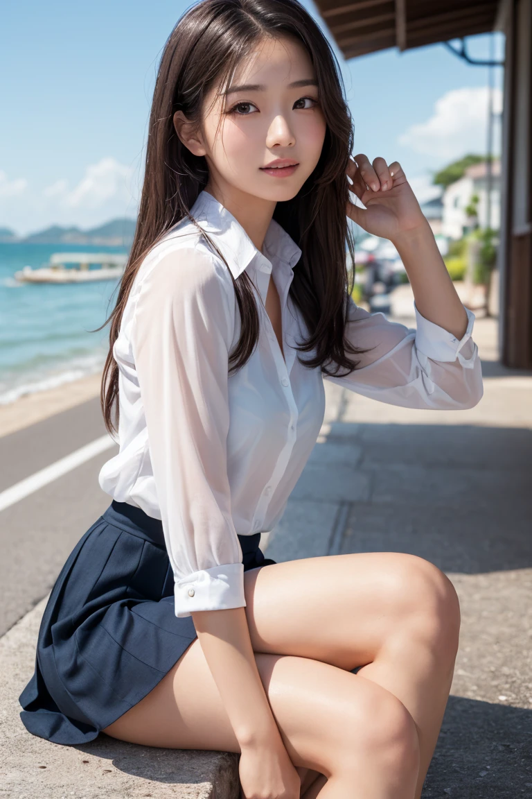 (Best Quality, hight resolution, masutepiece :1.3), (Taken from below), Pretty Woman, Orange sunset sky, Sun and clouds on sea background, Cute girl in uniform. Her hair is light brown in medium bob style. She wears a white blouse and pleated skirt, squatted with legs wide open, Blushing face, looking in camera, Dynamic shooting angle