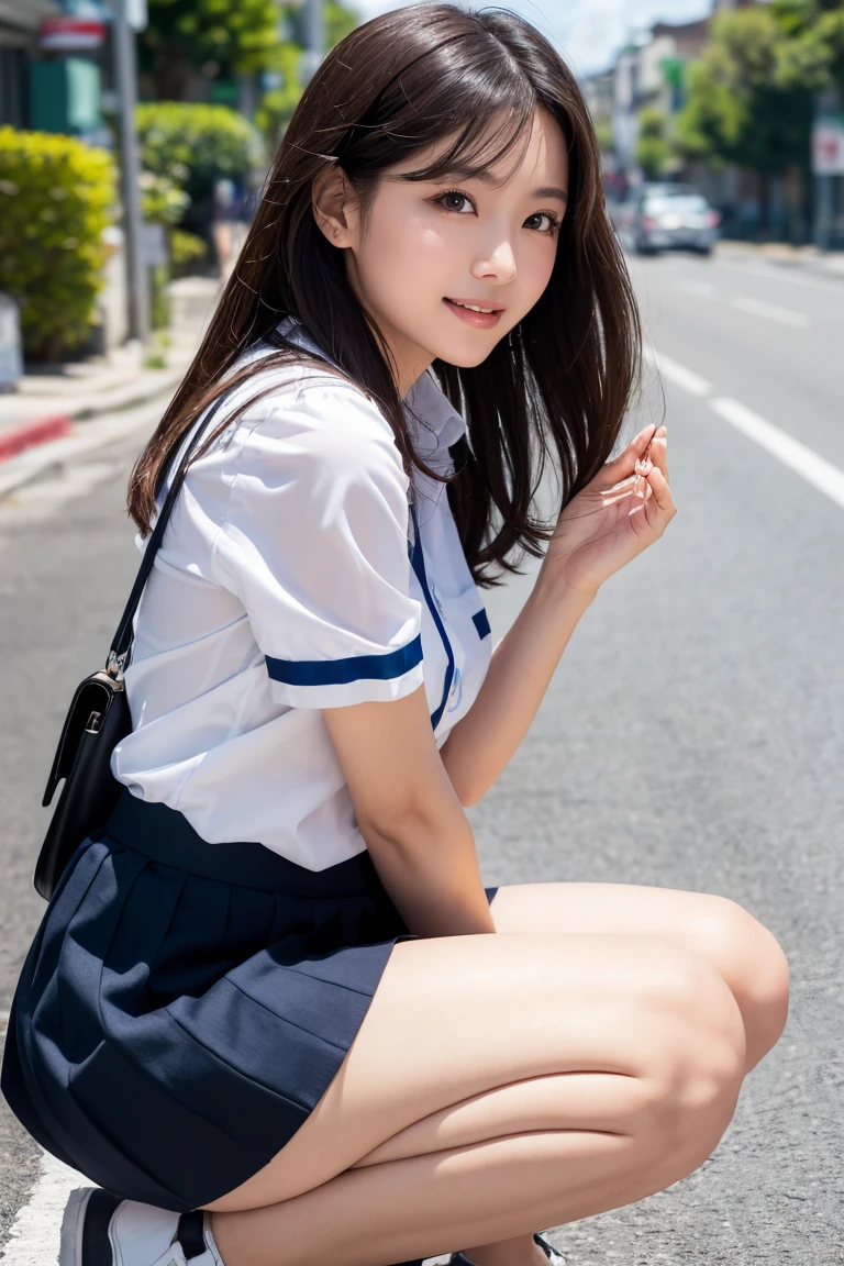 1girl,8k, RAW Photography, top-quality, masterpiece, realisitic, Photorealsitic, a smile, Schoolgirl Uniform, cute little,Streets of Tokyo, Cityscape, The upper part of the body,squatting、1人、独奏、Young Japan girl、Early 20s、kawaii、Girly、angelicales、faerie、Small animal senses、6Head and body、smallunderboob、Transparency、Suppin Makeup、a miniskirt、Brown hair、A dark-haired、poneyTail、short-hair、sense of touch、Shine in the eyes、Cool eyes