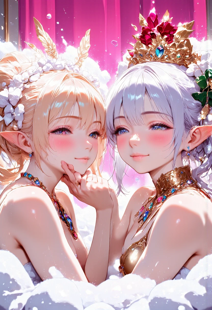 (The most amazing scene ever created:1.0), (Fantasy art:1.0), (Masterpiece:1.0), (Best Quality:1.0), (amazing quality:1.0), (sharpest focus:1.0), (Anime Style:1.0),
(Depth of field:1.0), (super fine:1.0), (16k:1.0), (incredibly absurdres:1.0), (extremely detailed:1.0), (delicate and dynamic:1.0), (very aesthetic:1.0), (absurdres:1.0), (beautiful face and eye:1.0), (perfect anatomy:1.0),
(Two most beautiful high school elf girls in the world:1.0), (Blonde haired blue eyed and silver haired blue eyed elf girls:1.0),
(Lovers:1.0), (Happy life:1.0), (vulgarly gaudy jewelry:1.2), (excessive amount of jewelry:1.2), (lesbian:1.0), (Lesbian makeout:1.0), (have play lesbian:1.0), (lesbian flirting:1.0),
(lesbian only event:1.0), (Excited lesbian audience:1.0), (Elf in close embrace:1.0), (pink bathroom:1.2), (pink spotlight:1.0), (Covered in batthbubbles:1.2), (White lace camisole:1.2),
(mean smile:1.2), (ahegao:1.0), (erotic smile:1.2), (Lewd smile:1.2), (slut:1.0), (open mouth wide:1.0), (Smile with long tongue:1.0), (steam:1.0), (blush:1.0), (ecstasy:1.2), (orgasm:1.2),
(drunken eyes:1.0), (half closed eye:1.0), (sanpaku:1.0), (slit eyes:1.0), (eyes are smiling:1.0), (smiling or laughing eyes:1.0), (Shame:1.0),
Vibrant colors, Mystical beauty, Fantastic beauty, unimaginable beauty, beauty beyond imagination, Overwhelmingly written images,