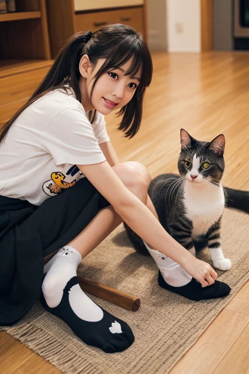 A cat girl sitting on a bench, suddenly caught by the ankle by the monster under the bench. The monster under the bench mocks her and says: "I do not care".