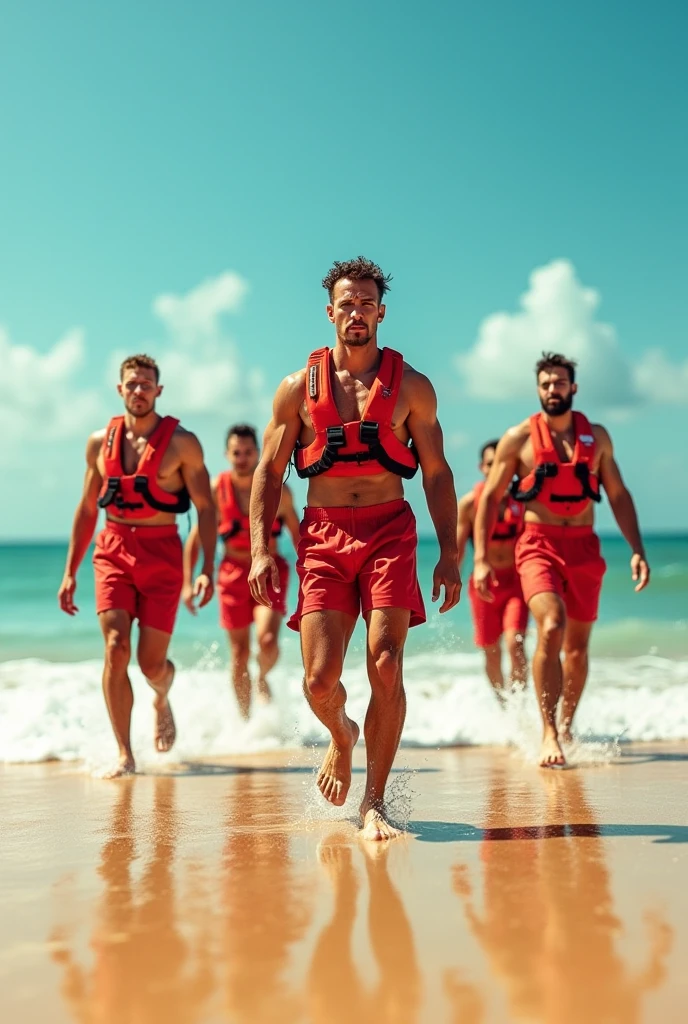 10 men lifeguards, running on the beach, hyper muscular , shirtless , group 