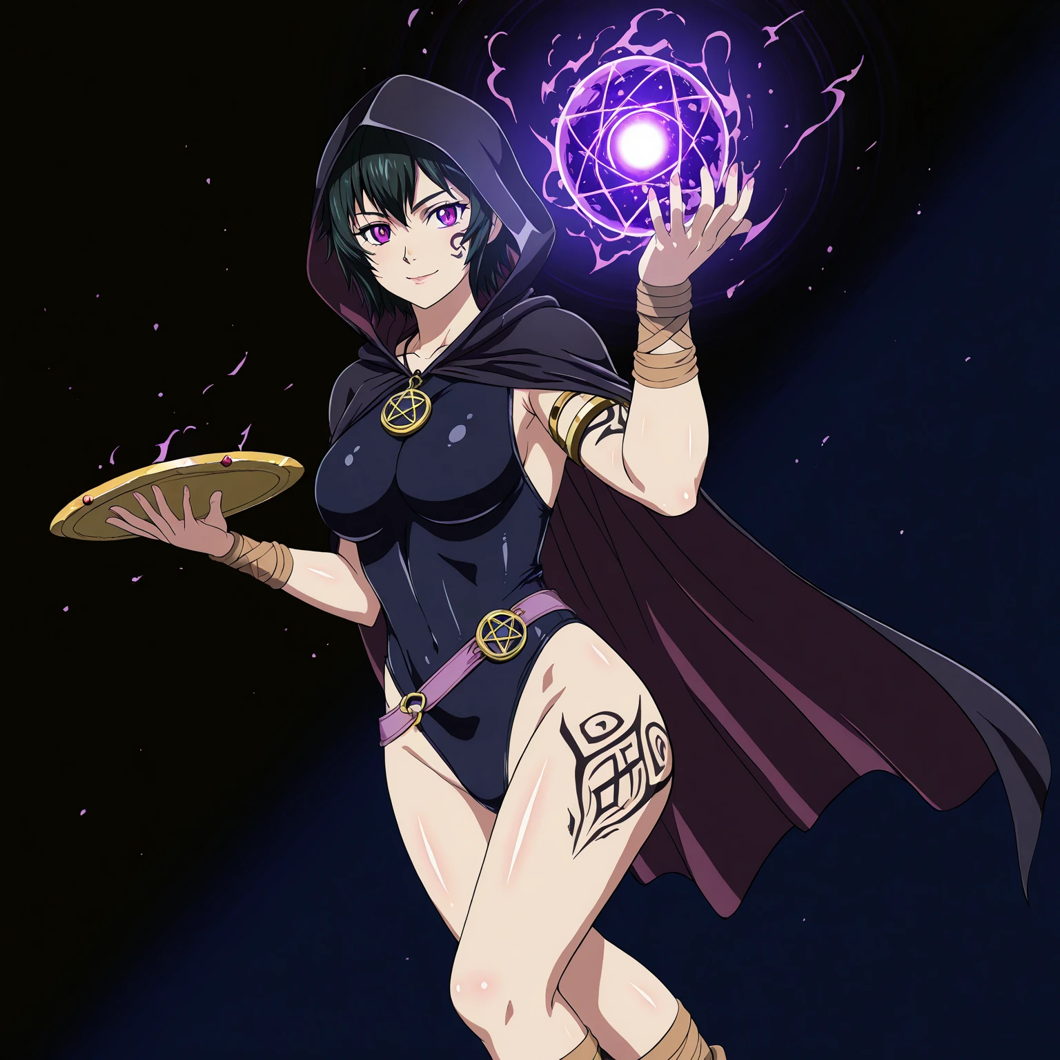  1girl,(loli:1.4),mage robe,(naked robe) , mage hat, forehead horn, twin tail, purple hair,smirk, holing magic staff ,magic circle
