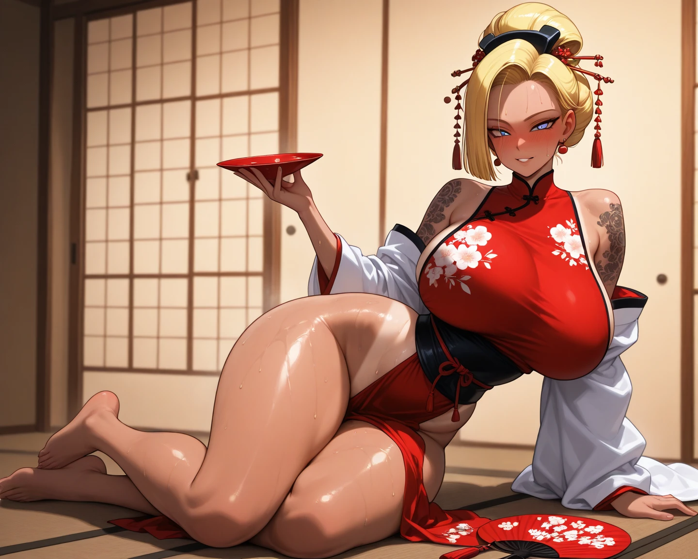 ((Tsunade)),((masturbation)),(,stand on tatami),((mature female)),Thick body,((Solo)),(((completely naked))),(((very see-through cheongsam))),((Dark areola)), ((Blush)),in ryokan,A MILF,trending on artstationh,intricate face details,(Curvy physique), vibrant, 4K, 12k resolution